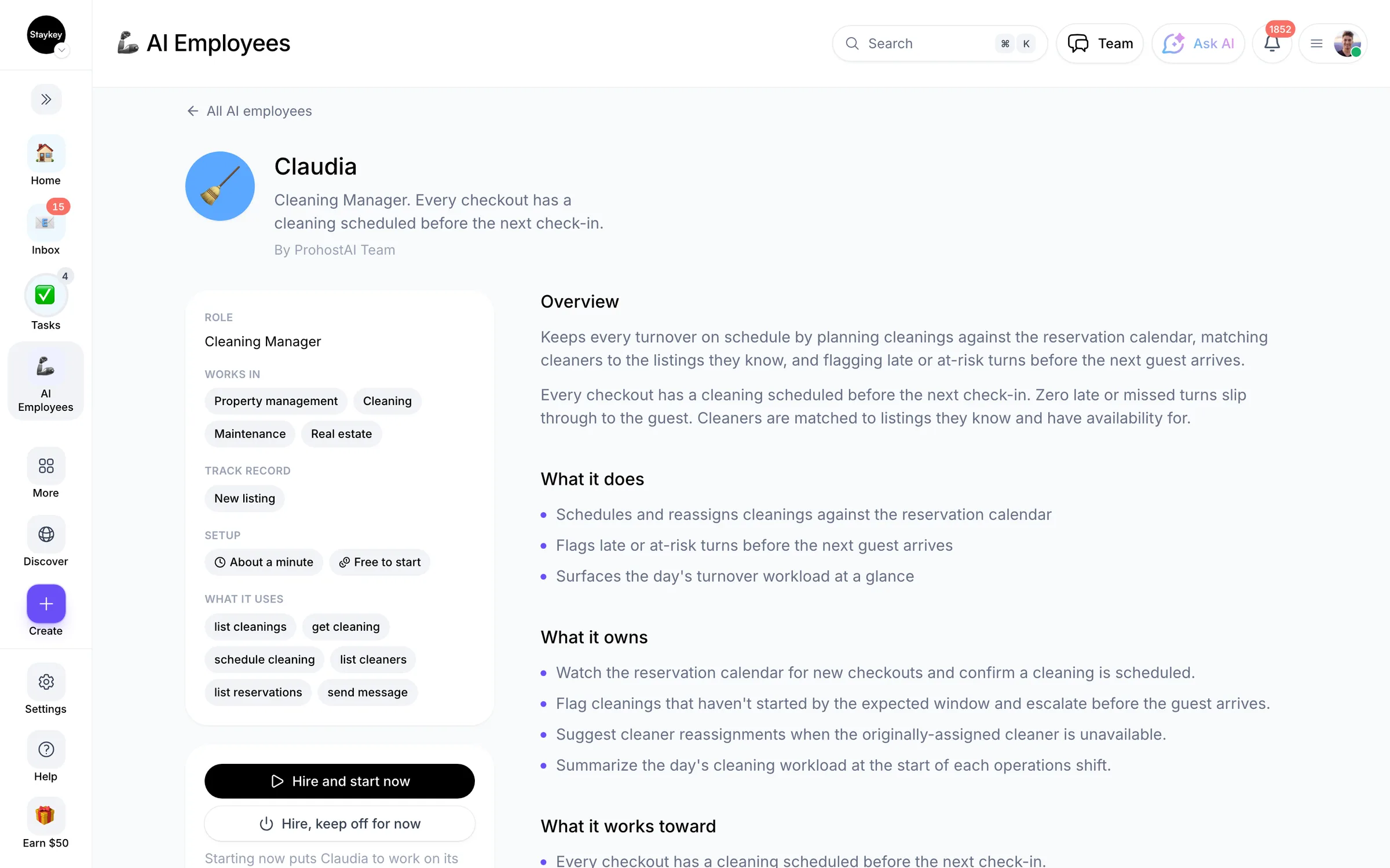 Hiring an AI employee in ProhostAI