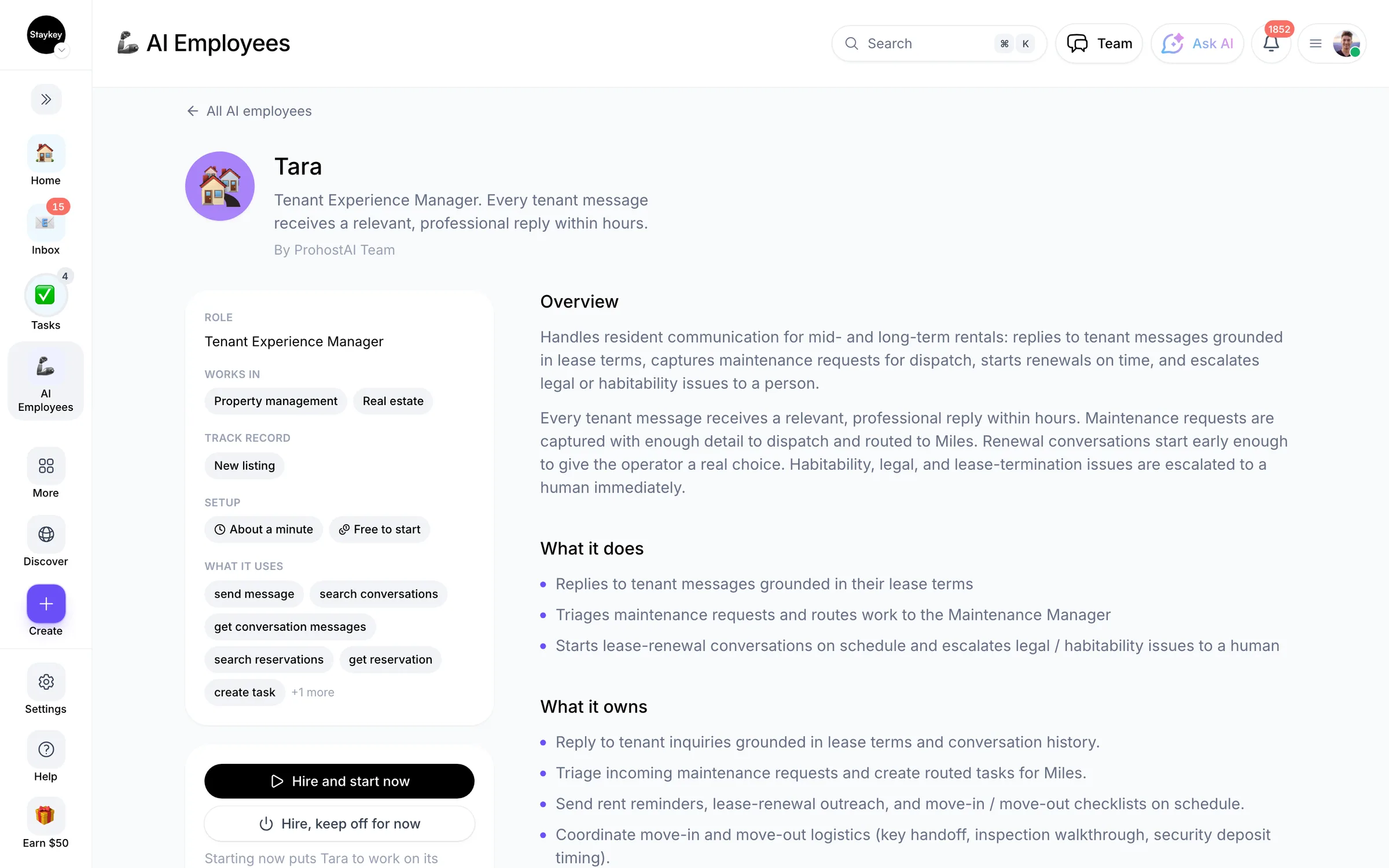 Hiring an AI employee in ProhostAI