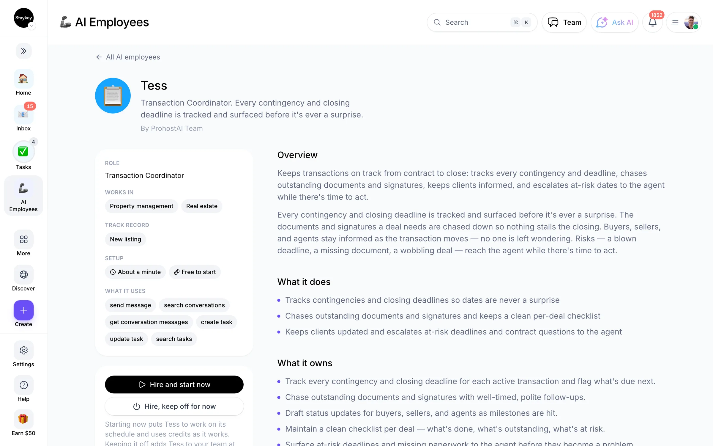 Hiring an AI employee in ProhostAI